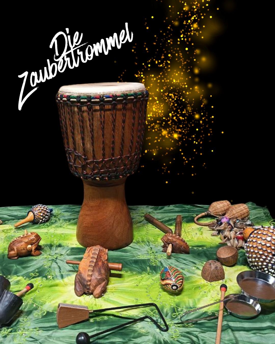 Eine Djembe mit Purcussion Instrumenten und magischen Funken im Hintergrund